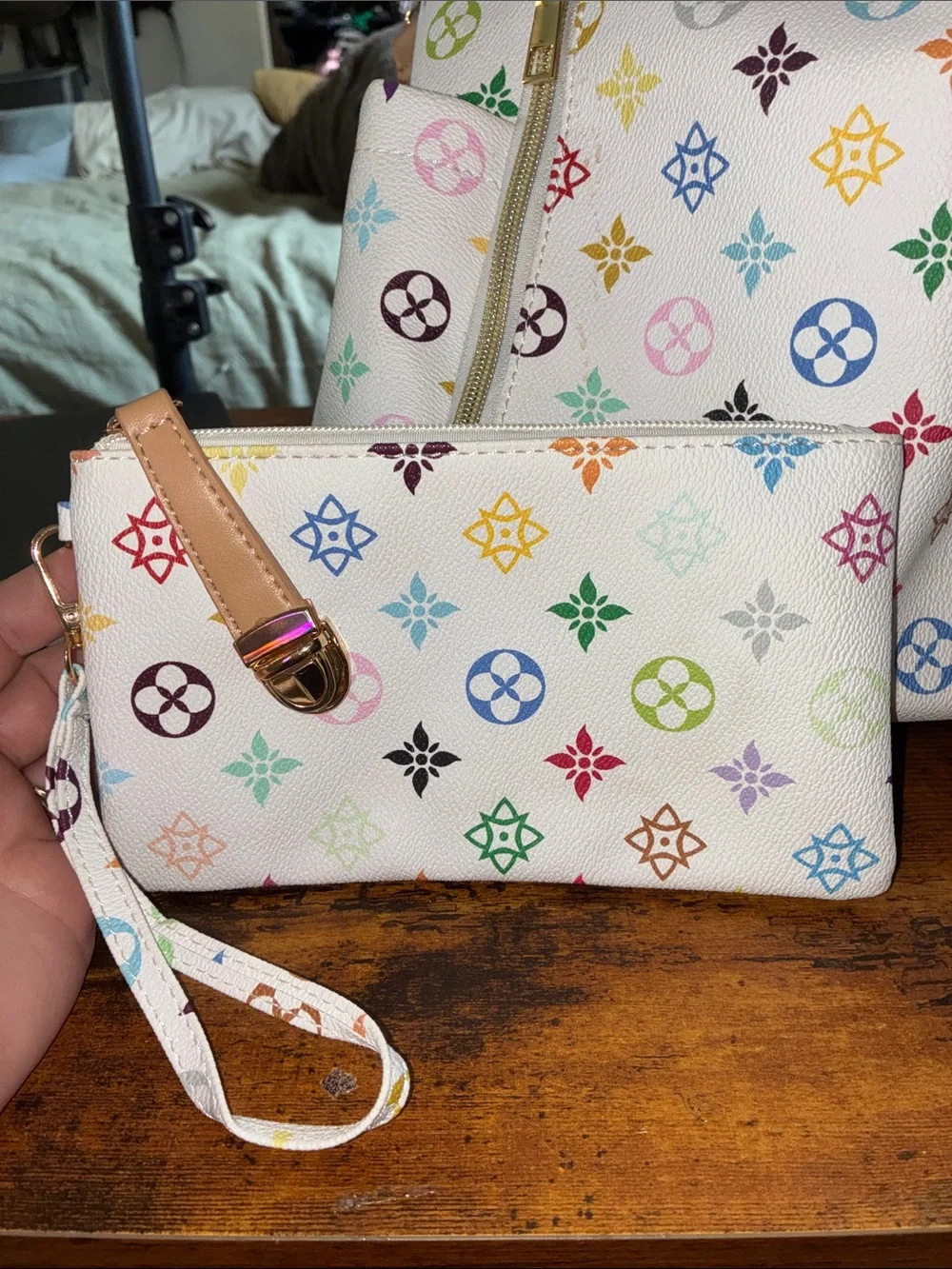 White Multicolor Pattern Women’s Backpack with Gold Hardware